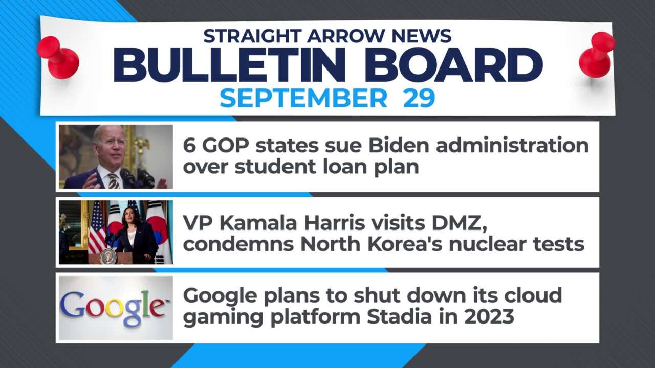 States files suit against the Biden administration's student loan plan, Harris ends her Asia trip in South Korea. Google shuts down Stadia.