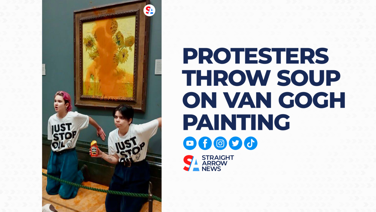 Two climate activists were arrested after splashing tomato soup on Van Gogh's masterpiece "Sunflowers" at London's National Gallery.