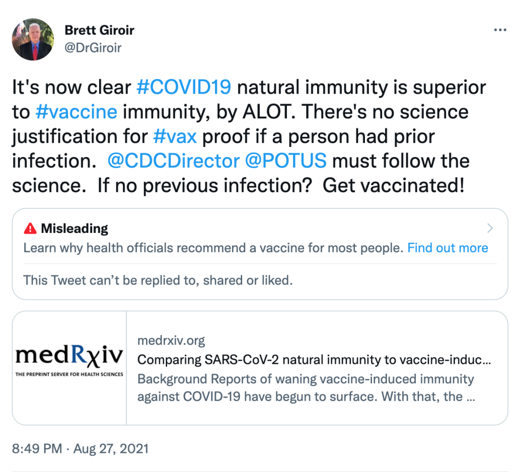 A tweet from Brett Girnoir that says" It's now clear #COVID19 natural immunity is superior to #vaccine immunity, by ALOT. There's no science justification for #vax proof if a person had prior infection. @CDCDirector @POTUS must follow the science. If no previous infection? Get vaccinated!" 