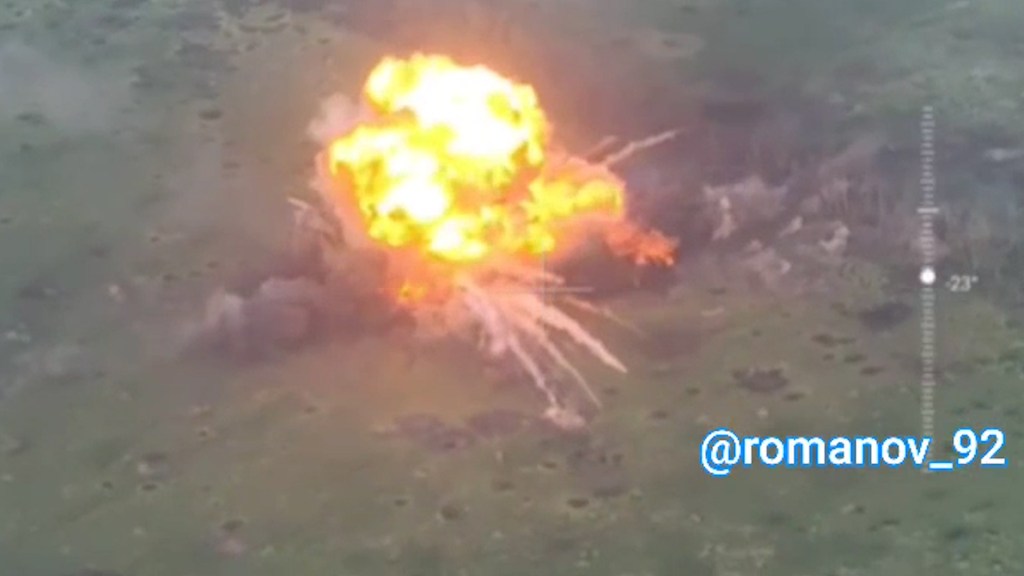 Drone video shows the moment a Russian tank carrying explosives was remotely detonated.