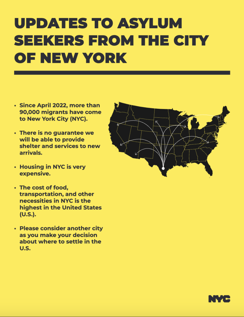 A flyer distributed by the Adams administration that discourages migrants from coming to New York City. | NYC Mayor's Office