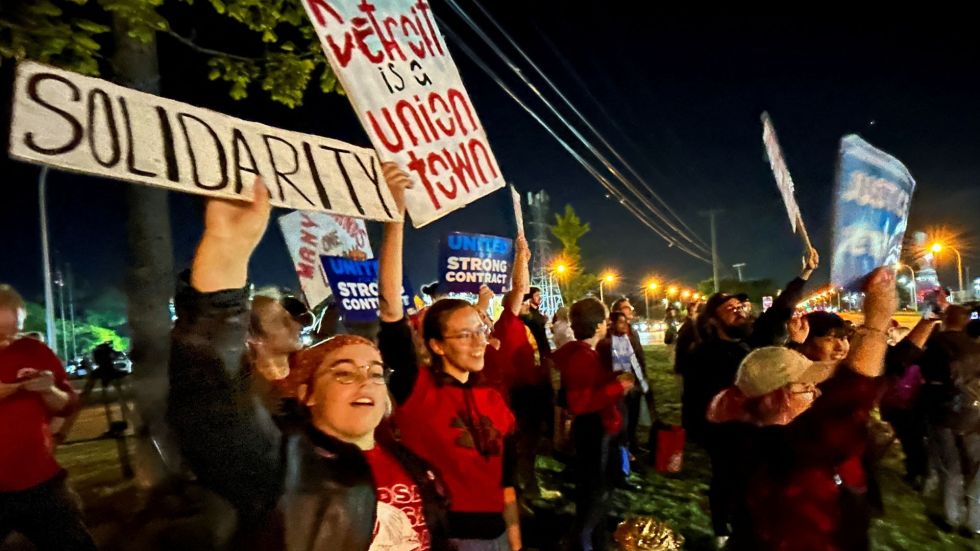 The United Auto Workers union goes on strike against three big car companies.