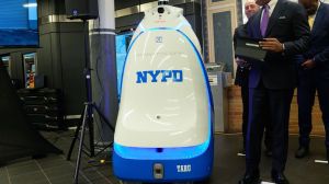 The approximately 400-pound robot has four HD cameras, but will not record audio or employ facial recognition technology.
