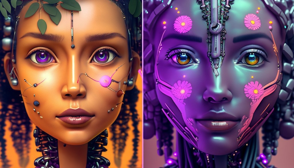 An AI-generated image of two avatars that have human-like features. 