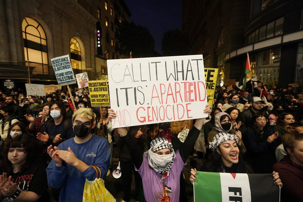 Demonstrators march in opposition to the Israel-Hamas war in conjunction with the APEC Summit taking place Tuesday, Nov. 14, 2023, in San Francisco. (AP Photo/Godofredo A. Vásquez)