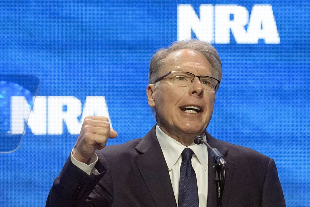 FILE - Wayne LaPierre, CEO and executive vice-president of the National Rifle Association, addresses the National Rifle Association Convention, April 14, 2023, in Indianapolis. The National Rifle Association of America (NRA) announced Friday, Jan 5, 2025, that LaPierre announced he is stepping down from his position as chief executive of the organization, effective Jan. 31  (AP Photo/Darron Cummings, File)
