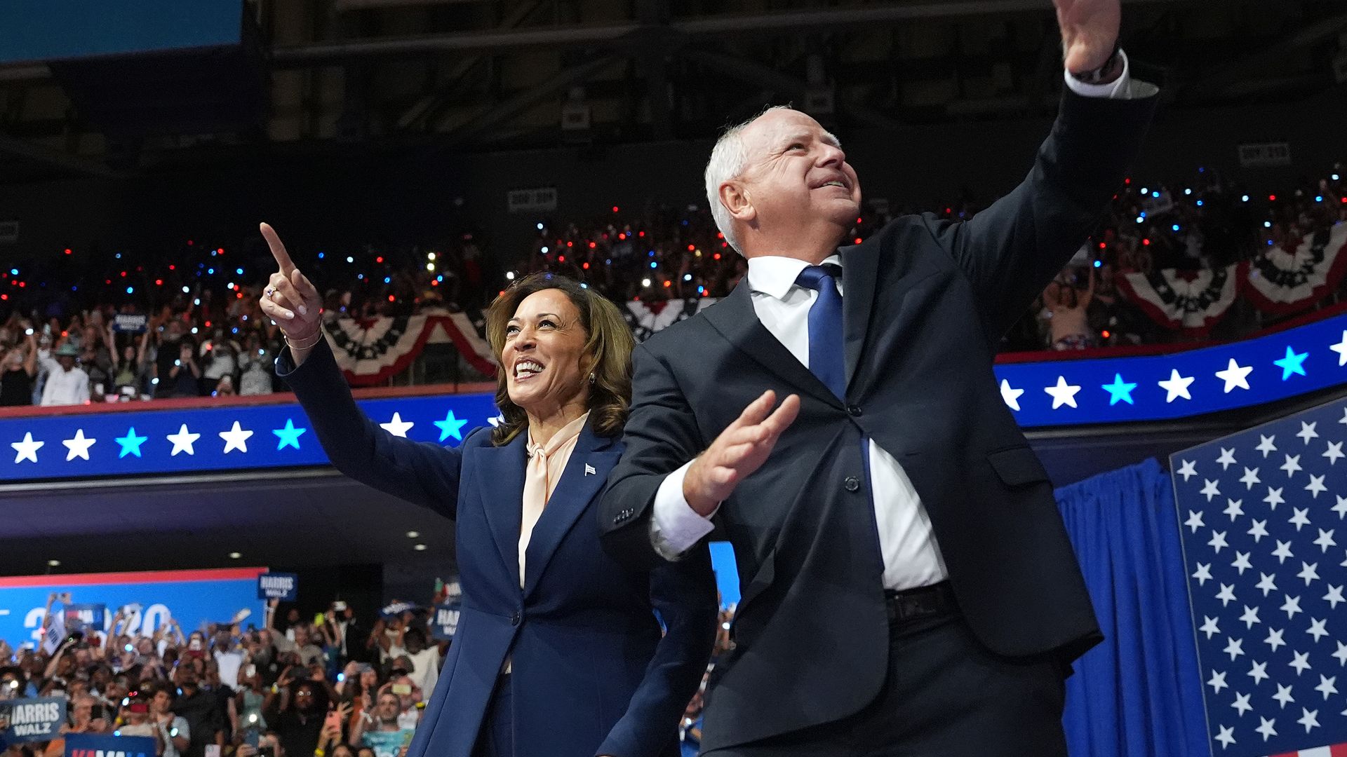 National polls show Kamala Harris is taking a lead over Donald Trump as she starts a campaign blitz with her new running mate.