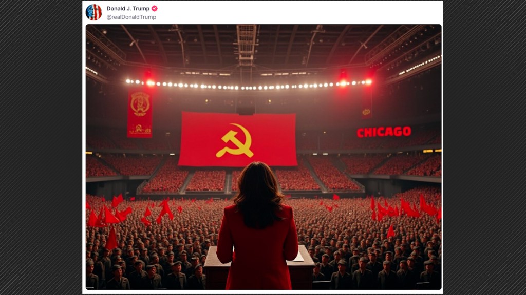 Former President Trump shared a fake image of Vice President Kamala Harris at a communist event ahead of the Democratic National Convention.