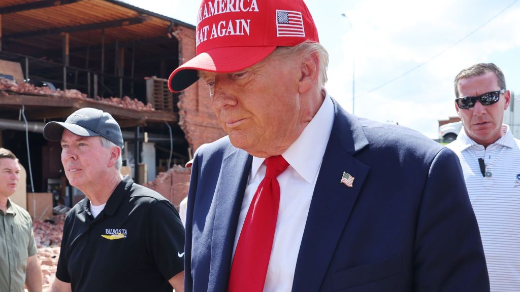 Former President Donald Trump visited Valdosta, Georgia, providing truckloads of supplies during a tour of storm damage from Hurricane Helene.