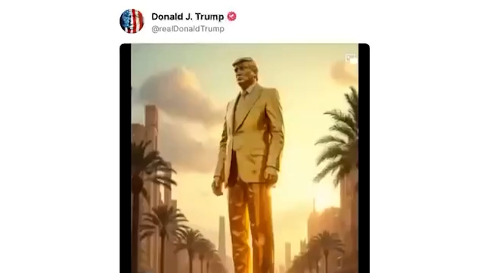 President Trump posted an AI-generated video depicting a fictional "Trump Gaza" with belly-dancing Hamas fighters and a golden Trump statue.