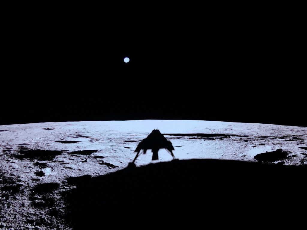 Firefly Aerospace's Blue Ghost spacecraft casts a shadow on the Moon's surface in this handout image obtained by Reuters on March 2, 2025. Firefly Aerospace/Handout via REUTERS    THIS IMAGE HAS BEEN SUPPLIED BY A THIRD PARTY NO RESALES. NO ARCHIVES MANDATORY CREDIT