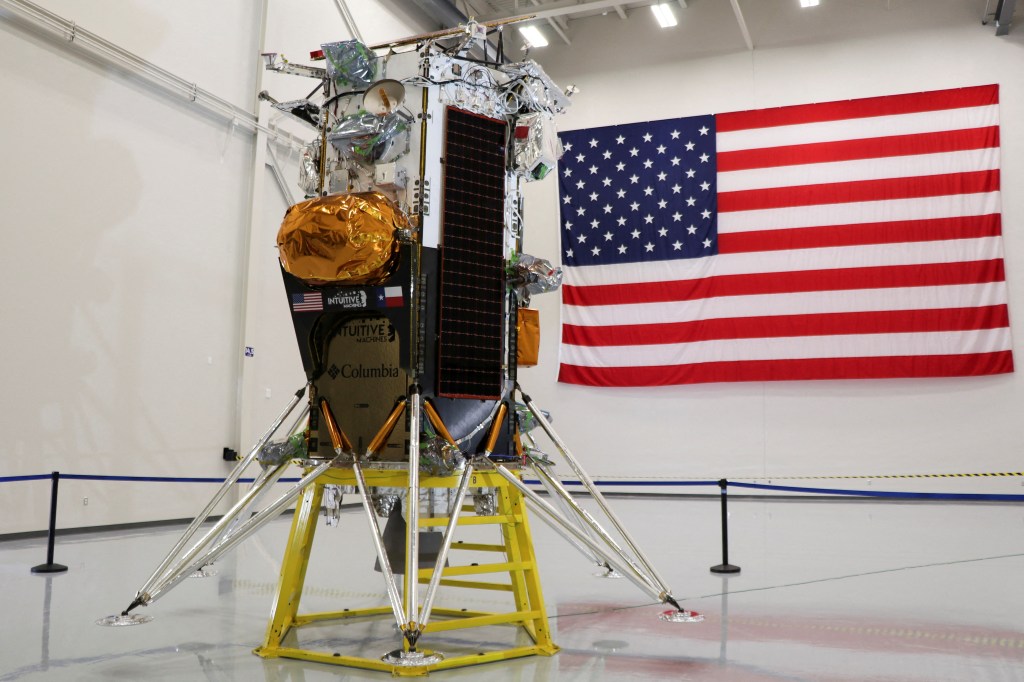 FILE PHOTO: The Nova-C lunar lander designed by aerospace company Intuitive Machines is displayed at the company's headquarters in Houston, Texas, U.S., October 3, 2023. REUTERS/Evan Garcia/File Photo