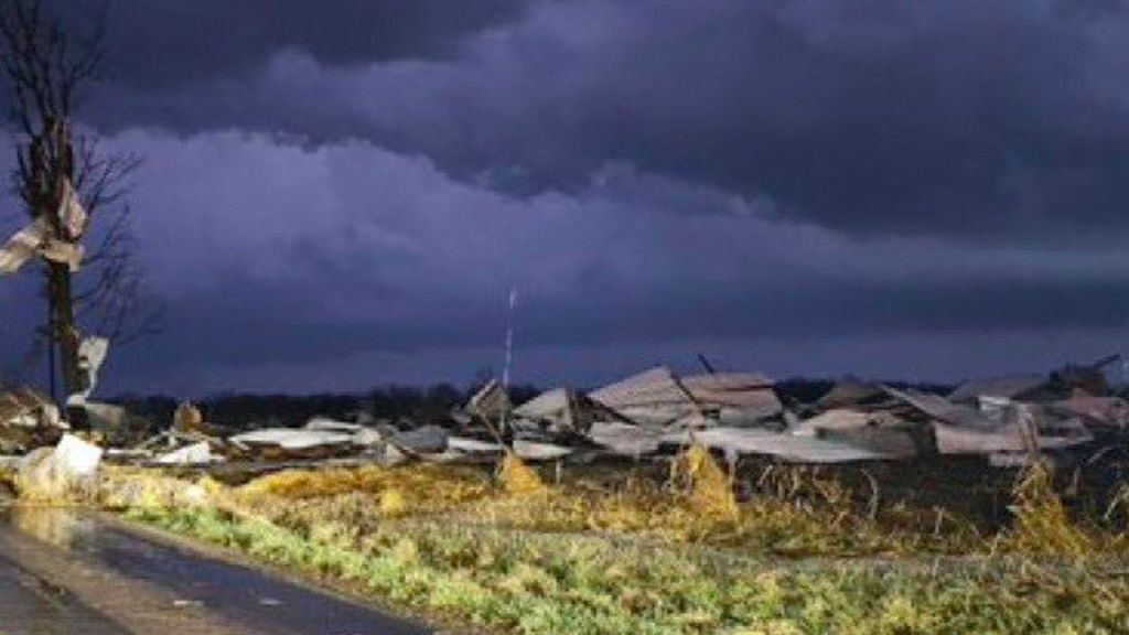 Debris covers the road during a severe storm passed the area north of Seymour, Missouri, in Webster County late Friday, March 14, 2025. 